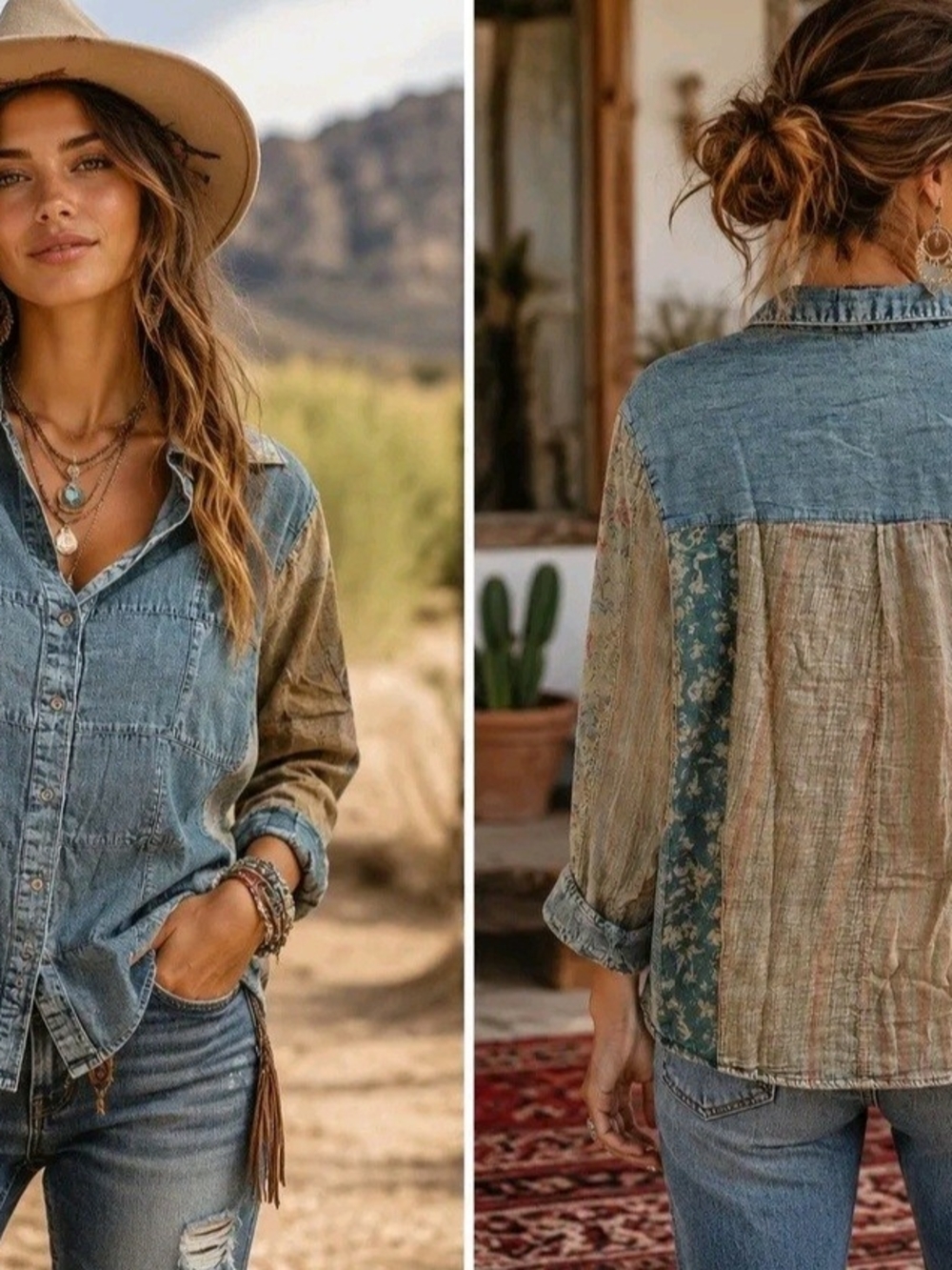 Young Threads Small Denim Patchwork Button-Up Shirt-22" Ptp